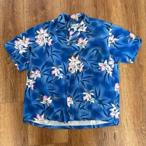 VTG Two Palms Hawaiian Aloha Shirt Womens L Floral Palm Made in Hawaii Rayon AOP